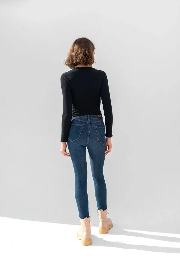 Uzun Kollu Fitilli Bluz Crop Örme T-shirt