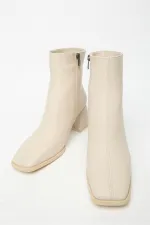 Bottes et bottines beiges pour femmes, bout rond, talons contrastés, cuir PU, fermeture éclair, élégantes