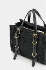 Sac à main et bandoulière style bohème en cuir et paille tricotée pour femme, noir