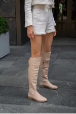 Bottes longues en cuir et vison pour femme avec détails en pierre
