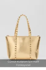 Gold Women's Small Size Stud Detailed PU Leather Buckle Hand and Shoulder Bag
