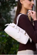 Double Buckle Belt Detailed Hand and Shoulder Bag White