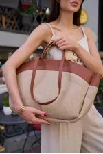 Sac fourre-tout contrasté en paille beige