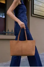 Minimal Tote El Ve Omuz Çantası Taba Süet