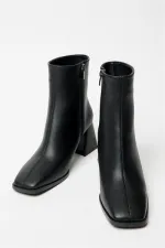 Bottes et bottines noires pour femmes, bout rond, talon contrasté, cuir PU, fermeture éclair, élégantes