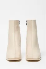 Bottes et bottines en daim beige pour femmes, bout rond, talon contrasté, cuir PU, fermeture éclair élégante Bottes et bottines en daim beige pour femmes, bout rond, talon contrasté, cuir PU, fermeture éclair élégante