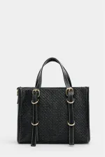 Sac à main et bandoulière style bohème en cuir et paille tricotée pour femme, noir