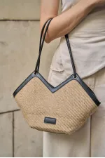 Sac cabas zippé en paille noire