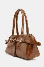 Double Buckle Belt Detailed Hand and Shoulder Bag Tan
