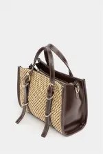 Sac à main et bandoulière style bohème en cuir et paille tricotée pour femme, marron