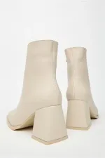 Bottes et bottines beiges pour femmes, bout rond, talons contrastés, cuir PU, fermeture éclair, élégantes