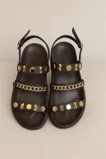 Sandales d'été bohème chic pour femme, semelle épaisse, marron, avec chaîne et détails en métal doré Sandales d'été bohème chic pour femme, semelle épaisse, marron, avec chaîne et détails en métal doré