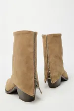 Bottes western à talons en daim camel véritable pour femme – Bout pointu et fermeture éclair