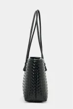 Sac à main et à bandoulière en cuir PU à motifs tricotés – Élégant format large noir Sac à main et à bandoulière en cuir PU à motifs tricotés – Élégant format large noir