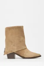 Bottes western à talons en daim camel véritable pour femme – Bout pointu et fermeture éclair