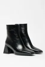 Bottes et bottines en cuir verni noir pour femmes, bout arrondi, talon contrasté, cuir PU, fermeture éclair, élégantes