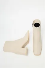 Bottes et bottines beiges pour femmes, bout rond, talons contrastés, cuir PU, fermeture éclair, élégantes