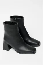 Bottes et bottines noires pour femmes, bout rond, talon contrasté, cuir PU, fermeture éclair, élégantes