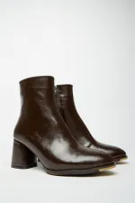 Bottes et bottines à talons hauts en cuir verni marron pour femme – Modèle élégant pour tous les jours avec fermeture éclair