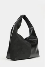 Sac cabas à bandoulière contrasté en daim noir et cuir synthétique pour femme - Modèle vintage souple