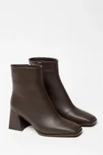 Bottes et bottines marron à bout émoussé et talon contrasté en cuir PU avec fermeture éclair élégantes