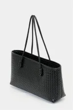 Sac à main et à bandoulière en cuir PU à motifs tricotés – Élégant format large noir Sac à main et à bandoulière en cuir PU à motifs tricotés – Élégant format large noir