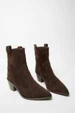 Bottes western en daim véritable marron pour femme – Talons à bout pointu