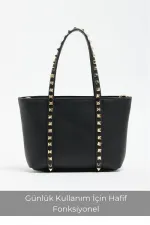 Sac à main et à bandoulière en cuir PU noir pour femme, petit format, avec boucle et détails cloutés Sac à main et à bandoulière en cuir PU noir pour femme, petit format, avec boucle et détails cloutés
