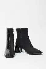 Bottes et bottines en daim verni noir pour femmes, talons à bout arrondi, cuir PU contrasté, fermeture éclair élégante Bottes et bottines en daim verni noir pour femmes, talons à bout arrondi, cuir PU contrasté, fermeture éclair élégante