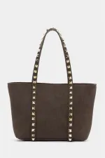 Petit sac à main et à bandoulière en cuir PU avec boucle et détails cloutés en daim marron