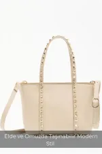 Cream Women's Small Size Stud Detailed PU Leather Buckle Hand and Shoulder Bag