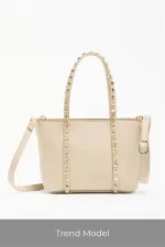 Cream Women's Small Size Stud Detailed PU Leather Buckle Hand and Shoulder Bag