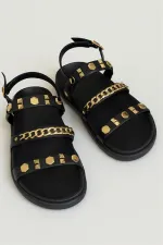 Sandales d'été bohème chic à semelle épaisse pour femme avec chaîne et détails en métal doré noir Sandales d'été bohème chic à semelle épaisse pour femme avec chaîne et détails en métal doré noir