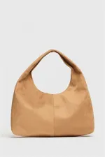 Sac cabas bandoulière en daim camel pour femme - Modèle vintage souple
