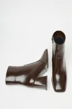 Bottes et bottines à talons plats en cuir verni marron pour femme – Fermeture éclair, style décontracté