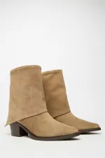 Bottes western à talons en daim camel véritable pour femme – Bout pointu et fermeture éclair