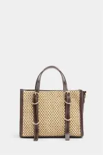 Sac à main et bandoulière style bohème en cuir et paille tricotée pour femme, marron