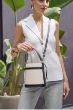 Sac seau à main et à bandoulière en toile avec coutures contrastées - Noir