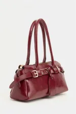 Double Buckle Belt Detailed Hand and Shoulder Bag, Claret Red