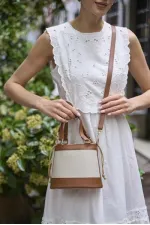 Sac seau à main et à bandoulière de style bohème en toile beige