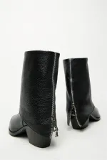 Bottes western noires à talons pour femme en cuir véritable – Bout pointu et fermeture éclair Bottes western noires à talons pour femme en cuir véritable – Bout pointu et fermeture éclair