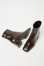 Bottes et bottines en cuir verni marron pour femmes, talons à bout arrondi, cuir PU contrasté, fermeture éclair élégante