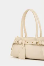 Sac à main et à bandoulière détaillé avec ceinture à double boucle, couleur vison