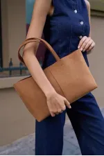 Minimal Tote El Ve Omuz Çantası Taba Süet