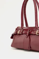 Double Buckle Belt Detailed Hand and Shoulder Bag, Claret Red