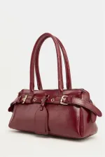 Double Buckle Belt Detailed Hand and Shoulder Bag, Claret Red
