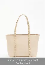 Cream Women's Small Size Stud Detailed PU Leather Buckle Hand and Shoulder Bag