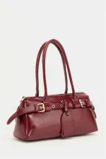 Double Buckle Belt Detailed Hand and Shoulder Bag, Claret Red
