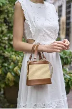 Sac seau en paille beige Madamra – Sac à main et à bandoulière en tricot style bohème pour femme [Été – Quotidien]