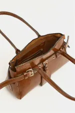 Double Buckle Belt Detailed Hand and Shoulder Bag Tan